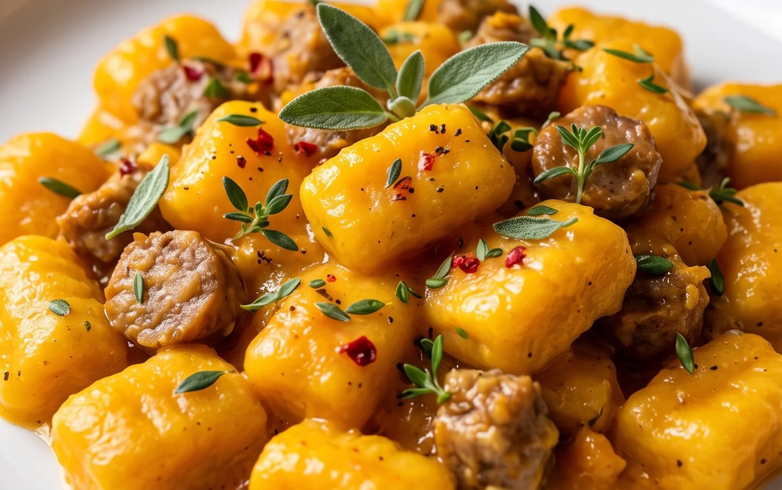 Creamy Butternut Squash Gnocchi with Sausage, Thyme, and Sage